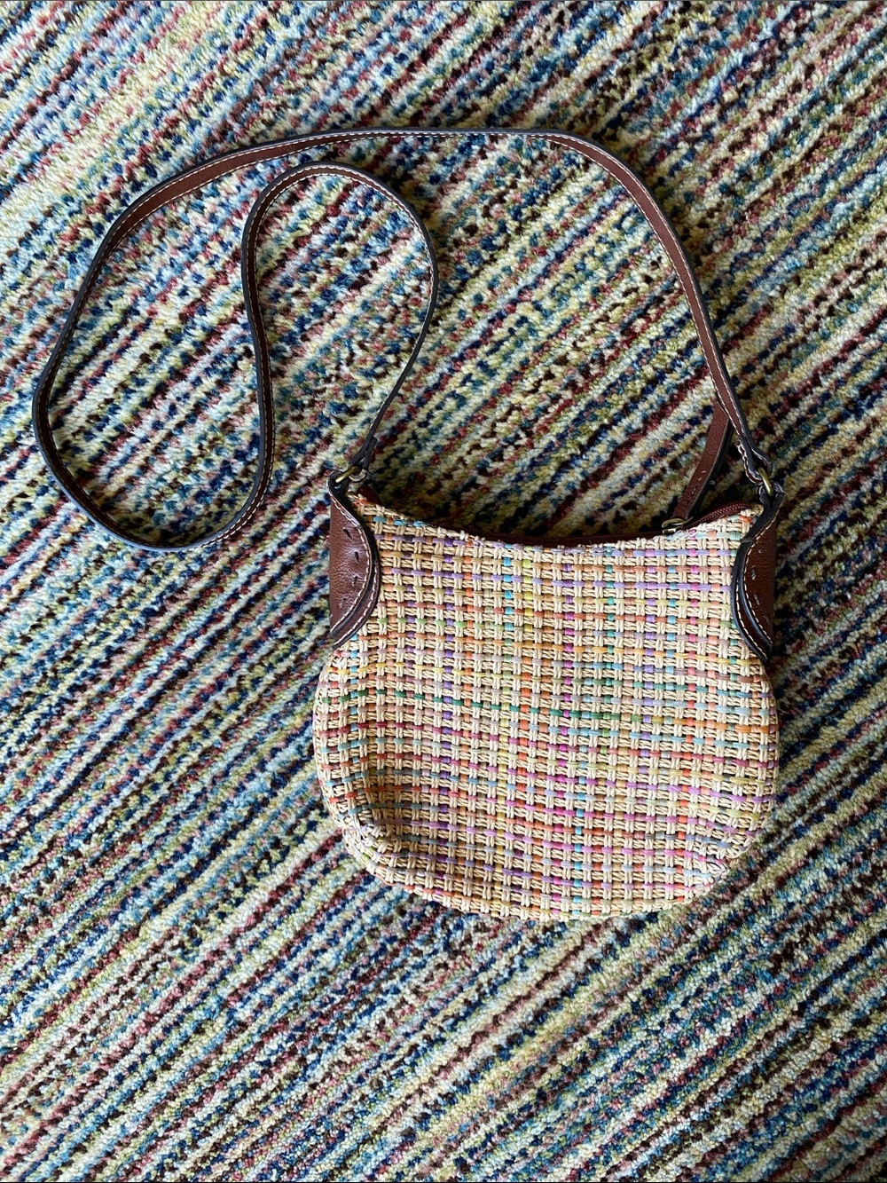 Fossil Woven Sisal Crossbody Purse Multicolor Straw Bag Leather Trim